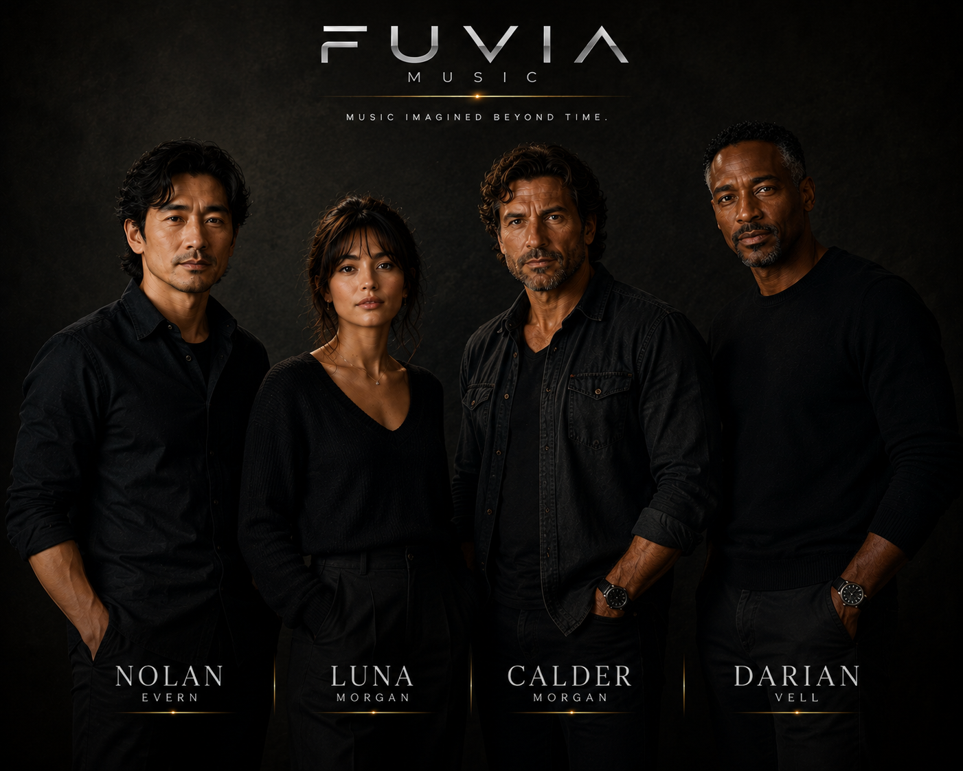 Luna Morgan, Nolan Evern, Calder Morgan, and Darian Vell in a cinematic studio portrait